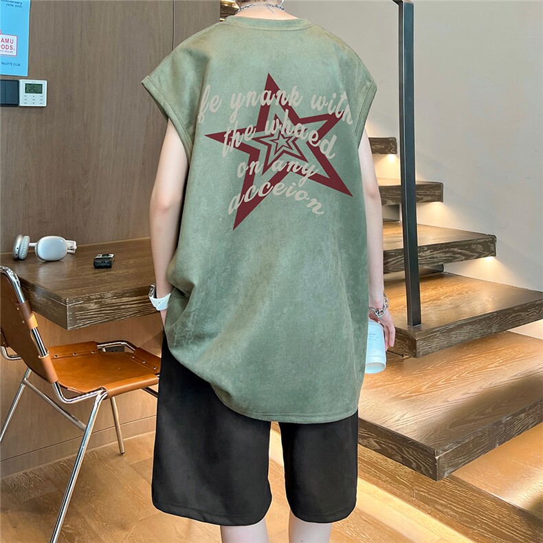直播美式麂皮绒宽松背心无袖t恤短裤大码两件套套装TZ94-P58,男装T恤,电商A486