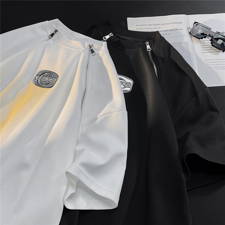 2025港风美式垫肩设计T恤男拉链WANG金属质感字母DT8791P55控78，男装T恤，星座227-7
