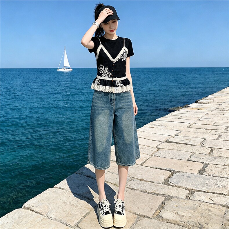 高级感时尚休闲套装夏圆领刺绣蕾丝拼接假两件上衣牛仔中裤两件套,女装套装/套裙,江南