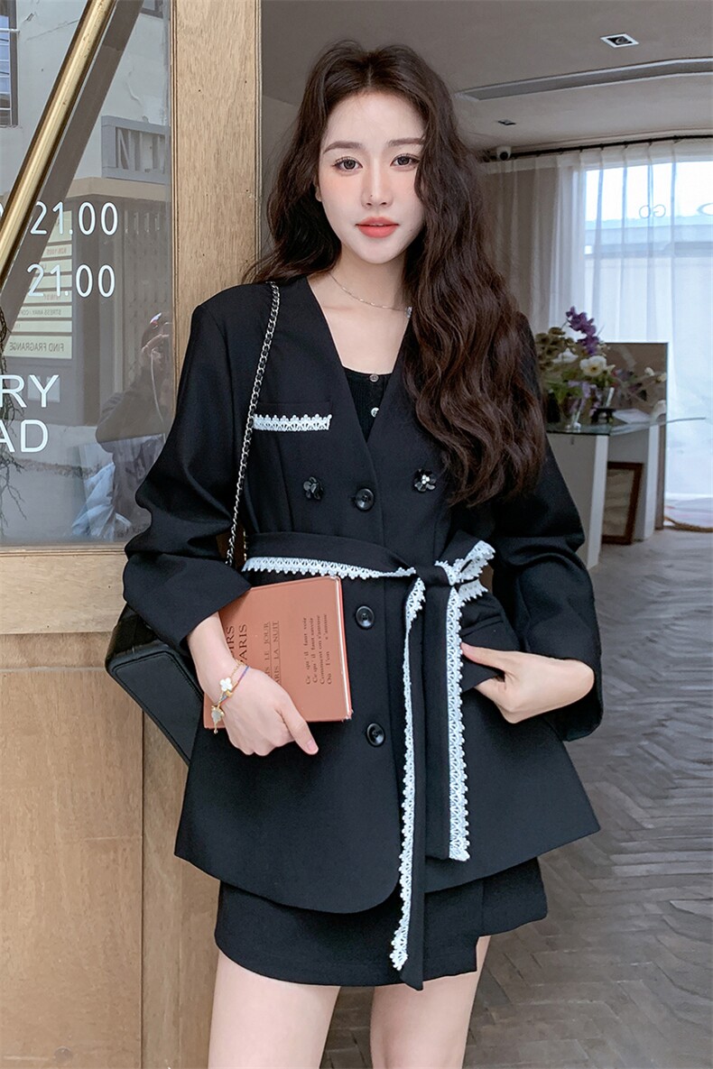 蕾丝飘带黑色西装外套女春秋2025新款小个子气质名媛高级感小西服,女装西装,慧尚依恋