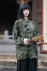 新中式（蝴蝶）风潮中式扎染植绒麻衬衫印花唐装男女款图片