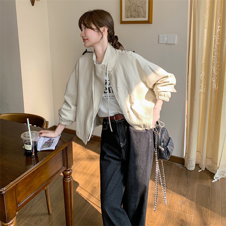 米白色立领皮衣外套女2025春季新款韩系小个子气质时尚机车服夹克图片