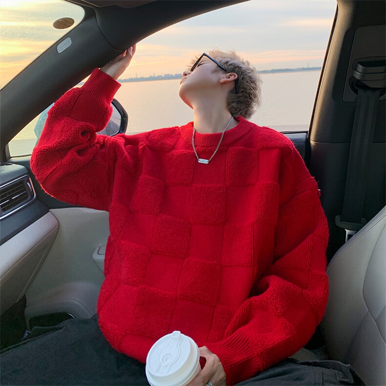 8XL-M特大码美式街头设计感毛巾绣格子毛衣男女情侣MY1204P50控68，男装针织衫/毛衣，电商D206-1