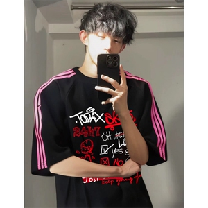 抖音得物品质二开240克宽松纯棉美式潮牌印花三条杠中性风短袖T恤,春季莫兰迪穿搭图片