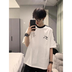 夏季美式高街重磅纯棉三条杠织带撞色男女短袖T恤ZD625-特P30图片