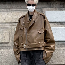 棕色垫肩短款皮衣外套男美拉德穿搭小众骑行机车服1338-P95，男装皮衣，星座910-5