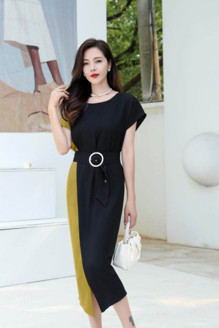 拼色气质连衣裙，女装连衣裙，蓝芝衣秀