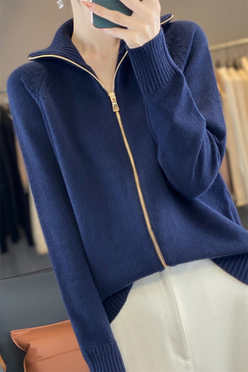 2024秋冬新款精纺针织羊毛开衫女宽松立领加厚慵懒风拉链外套,女装短外套,雪真羊绒
