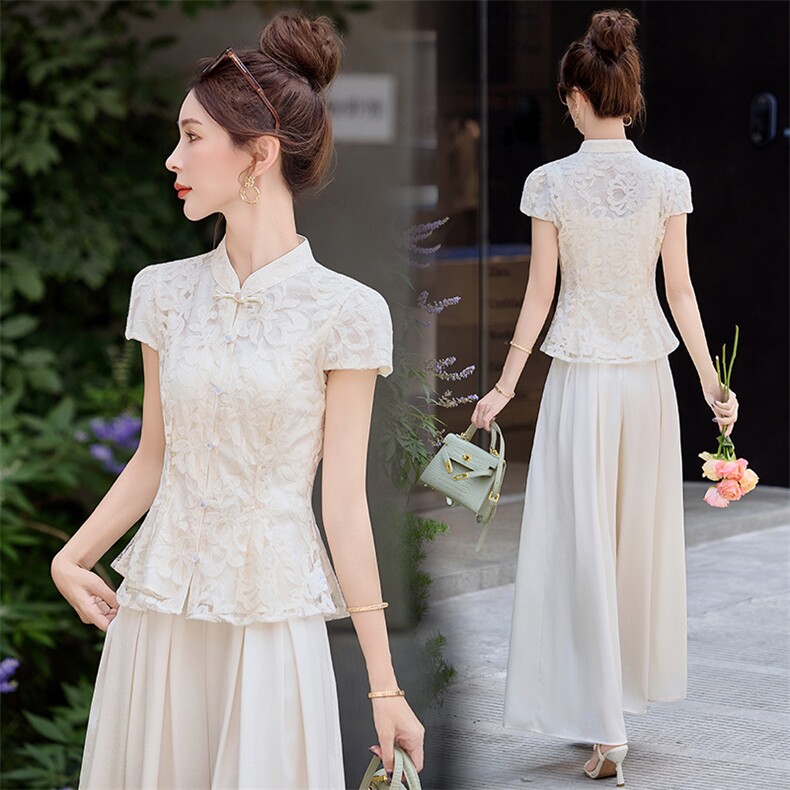 新中式国风2025夏高级感轻奢气质立领盘扣刺绣上衣洋气阔腿裤套装，女装套装/套裙，众宇琦