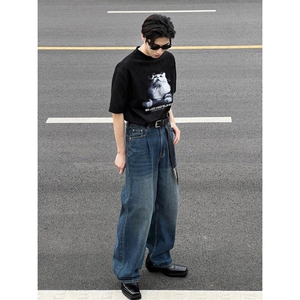 黑色猫咪印花落肩短袖男美式潮牌重磅纯棉t恤cleanfit情侣装半袖图片