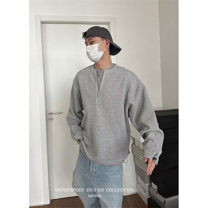 复古无领纯色卫衣男半拉链慵懒风宽松春季套头百搭上衣W8804,男装卫衣,星座1116A（原606A-3）