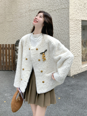 白色软糯双排扣羊羔毛外套女秋冬皮毛一体减龄甜美风温柔棉服爆款，女装毛呢外套，2C087