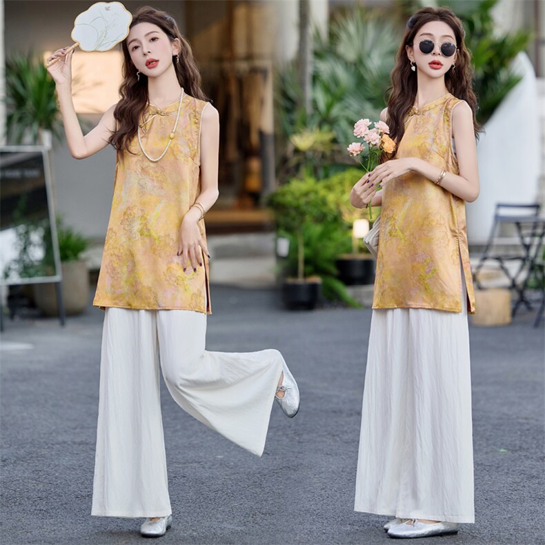 阔腿裤套装女夏新款高级感小个子新G潮时尚盘扣印花上衣两件套，女装套装/套裙，意芙