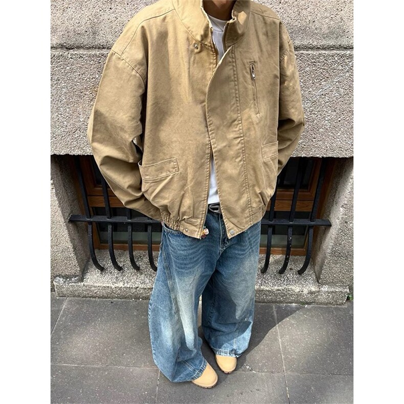 美式复古立领廓形飞行夹克男女巴恩风短款工装情侣外套JKK777图片