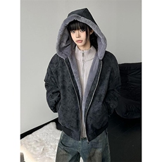 网图荔枝皮美式连帽座山雕外套男女款冬季毛领夹克-A2363P98，男装夹克，电商B241