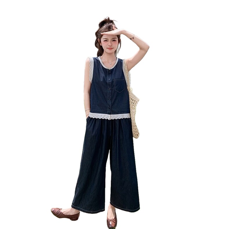 蕾丝拼接牛仔马甲阔腿裤套装女夏2025新款韩系高级感超好看两件套,女装套装/套裙,2C283