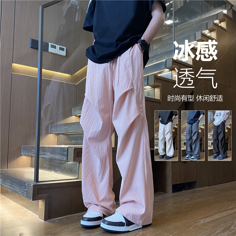 多巴胺伞兵裤男款春秋季冰丝宽松直筒褶皱潮牌大码高个子工装裤子,男装休闲裤,电商B315