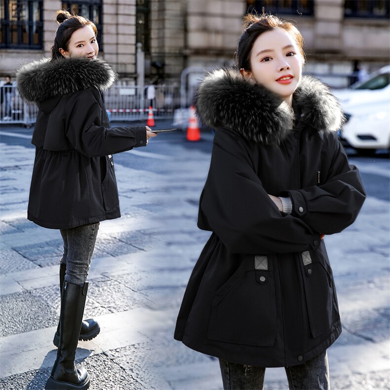 棉衣/棉服2021新款冬兔毛中长款抽绳收腰工装带帽派克服女外套,女装派克服,瑶迪依秀