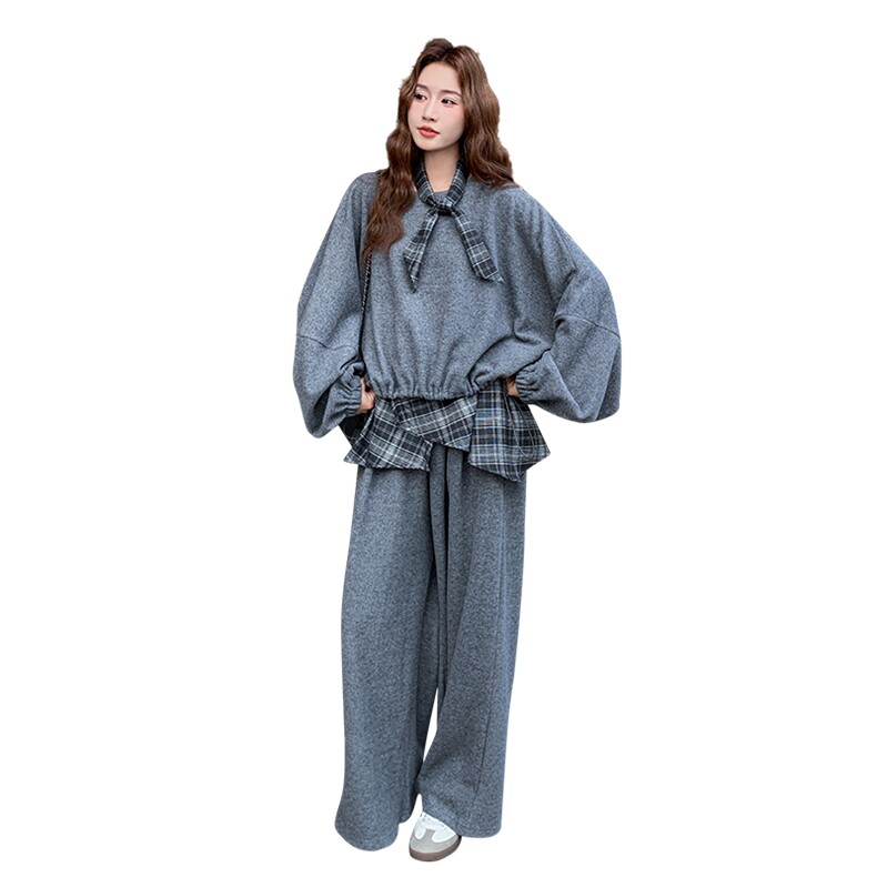 （新品）韩系格子拼接宽松卫衣阔腿裤套装F671-P165-K258,女装套装/套裙,2C255