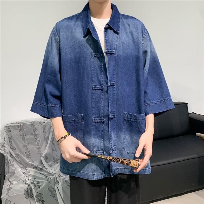 新中式牛仔衬衫男短袖韩版潮流百搭帅气2024新款ins外套CY819-P63,男装衬衫,星座412-3