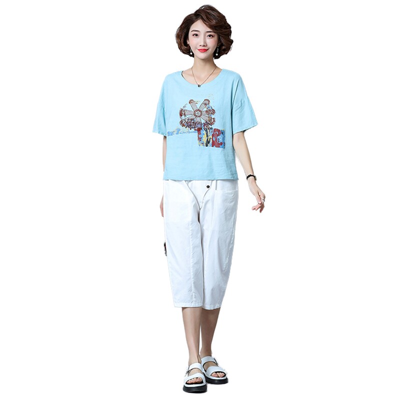 2021年夏季短袖短款绣花圆领套头时尚气质百搭两件套,女装套装/套裙,独衣靓