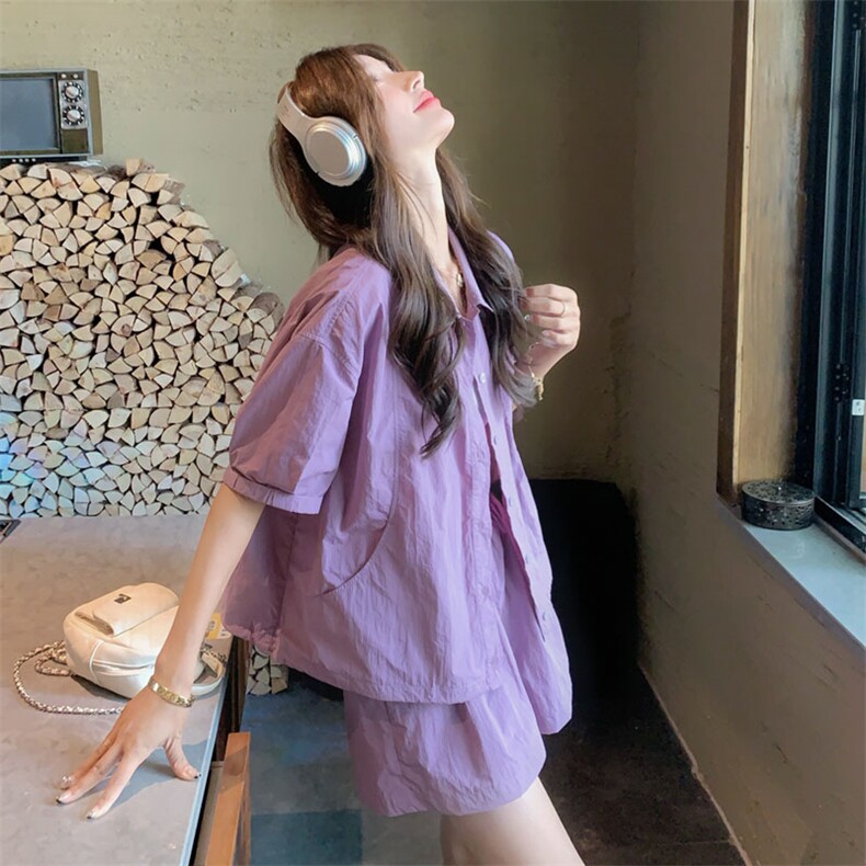 紫色休闲套装女夏季2025新款宽松设计感气质时尚衬衫短裤两件套,女装套装/套裙,2D143