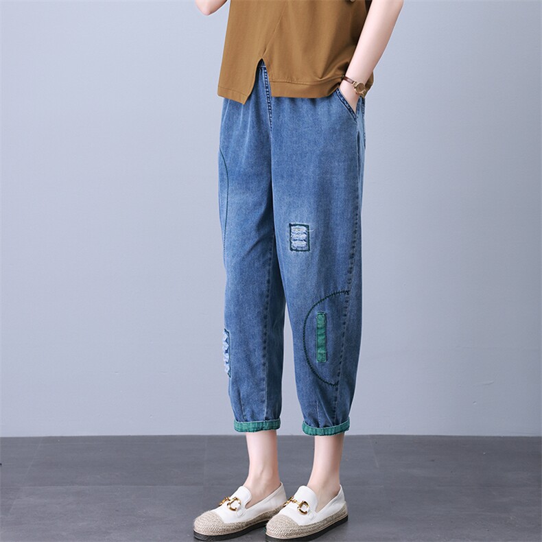 时尚宽松拼接水洗牛仔裤显瘦百搭休闲裤,女装牛仔裤,叶笙衣