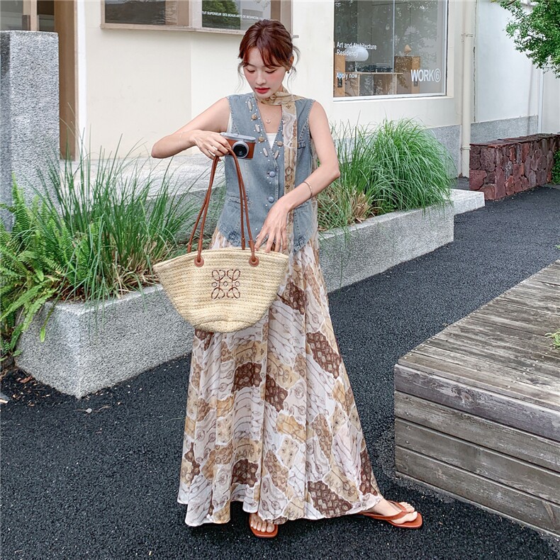新款2240-P195-K295波西米亚钉珠牛仔马甲长裙套装,女装套装/套裙,网红馆