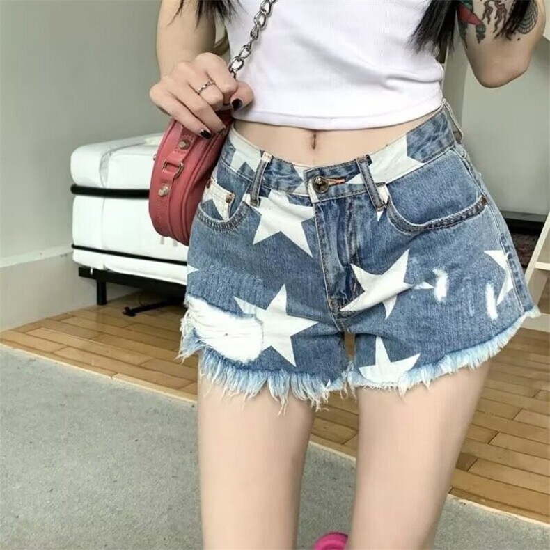 高腰流苏五角形印花复古阔腿短牛仔裤女夏季2025新款个性街头热裤，女装牛仔裤，星座506A