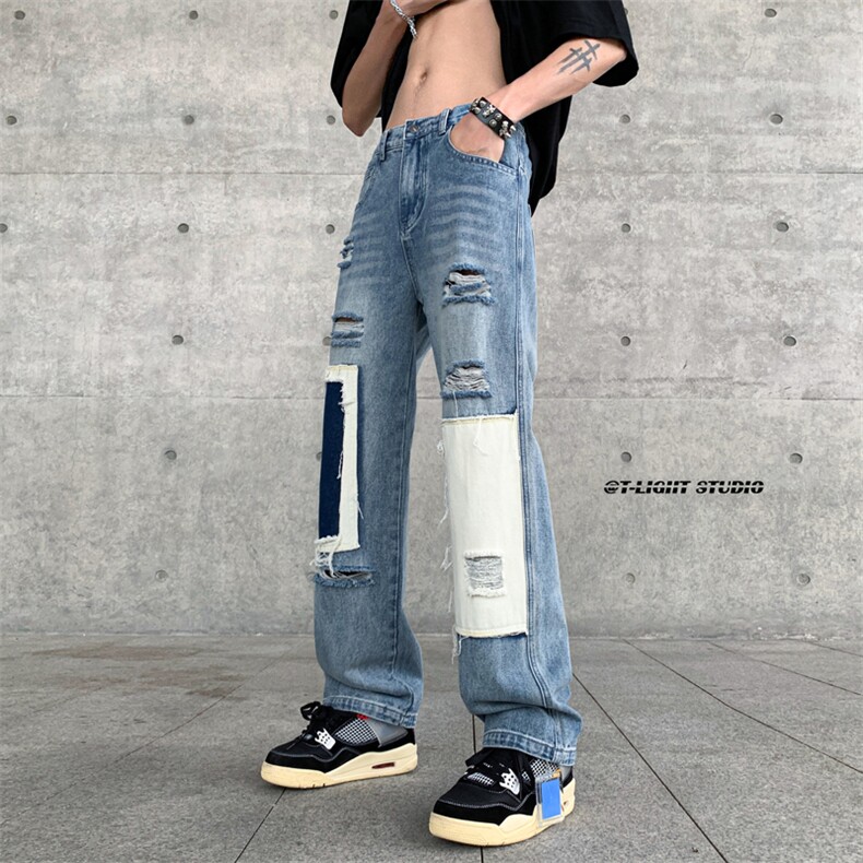 B221美式ins高街小众个性乞丐裤直筒破洞牛仔裤LK23099-P65控88,男装牛仔裤,电商B221
