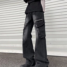 黑色弯刀牛仔裤男款春秋美式多口袋工装裤子显瘦直筒不贴身微喇裤，男装牛仔裤，星座813-2
