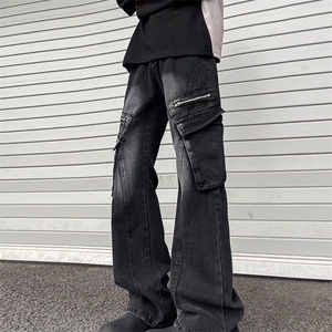 黑色弯刀牛仔裤男款春秋美式多口袋工装裤子显瘦直筒不贴身微喇裤图片