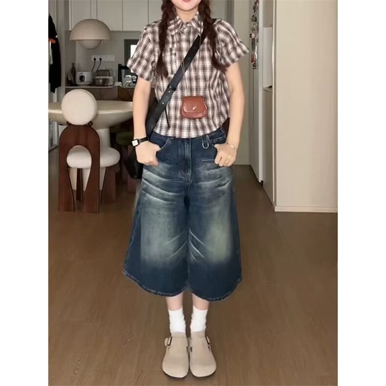 美式水洗做旧牛仔七分短裤女夏季新款高街阔腿显瘦宽松直筒中裤子,男装牛仔裤,星座1210-1