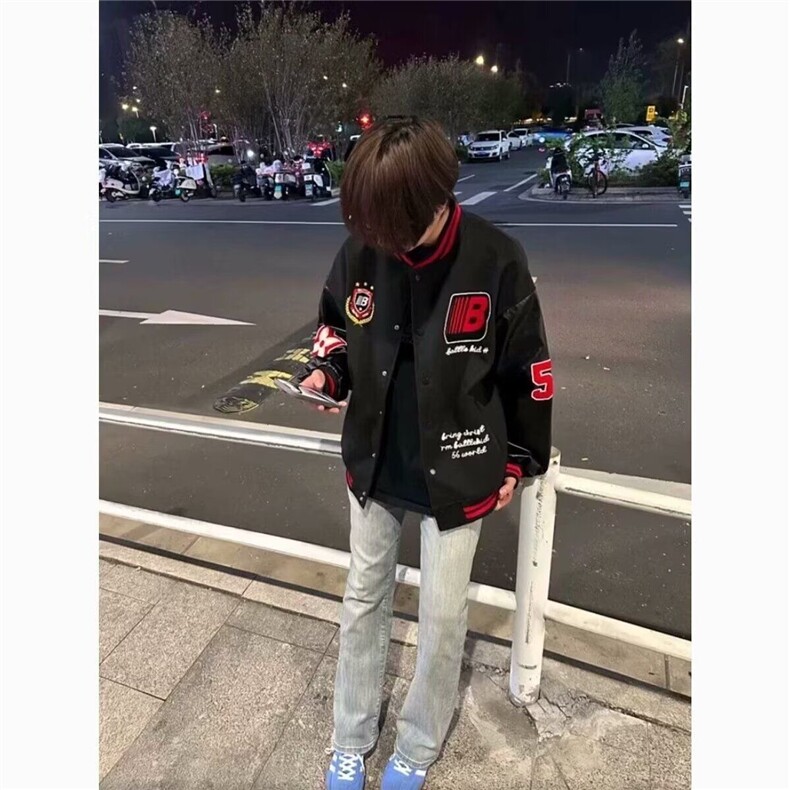 3989-P62 男士春秋季潮高街刺绣pu皮拼接棒球服外套男款图片