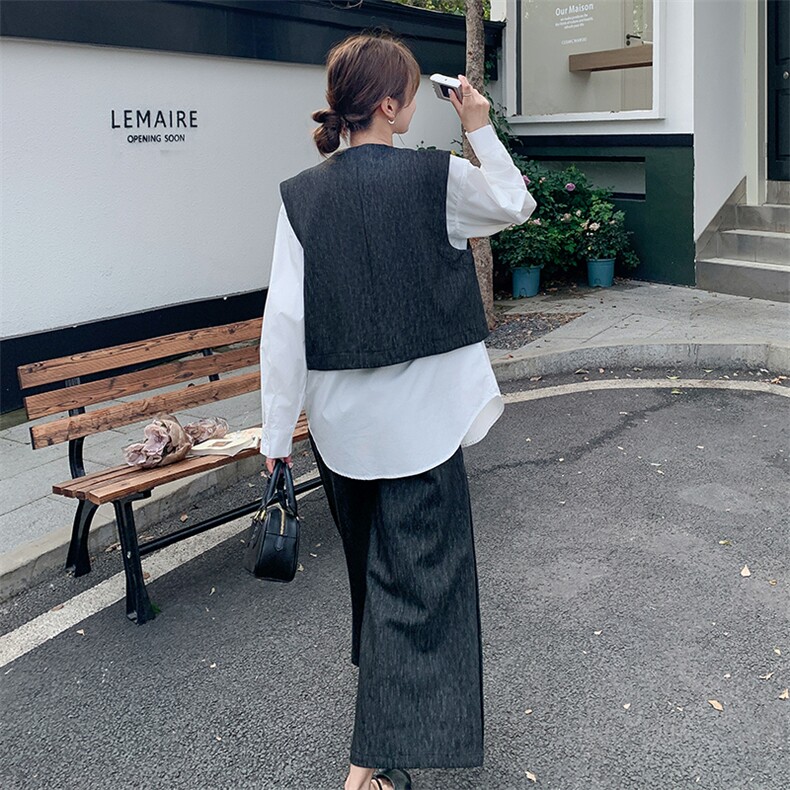 设计感假两件马甲衬衫套装女2025年秋季新款韩系穿搭阔腿裤两件套,女装套装/套裙,2C285