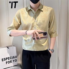 店主风社会小伙男士暗花七分袖衬衫男夏季衬衣301A-1/CS586/P55，男装衬衫，星座301A-1