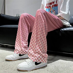 B221 2023夏装情侣男女款渐变色棋盘格冰丝裤拖地长裤LK22025-P50图片