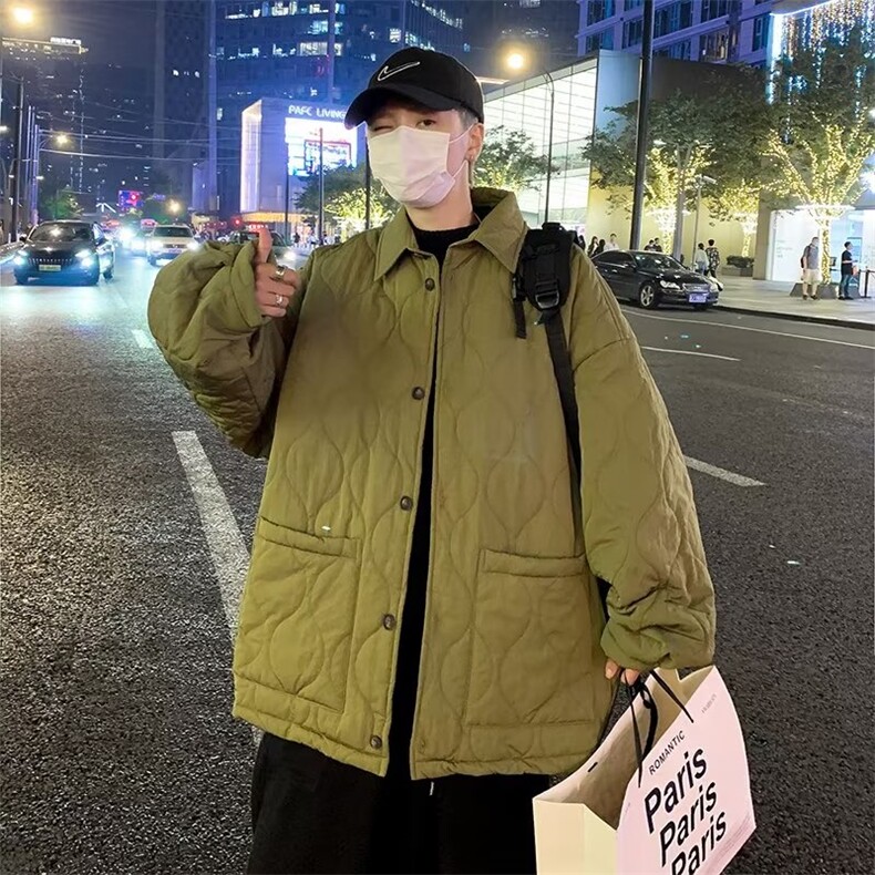 秋冬翻领绗棉格形纹理棉衣外套日系休闲款棉服夹克潮牌W3982-P82,男装棉衣,星座412-3