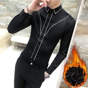 18秋冬款男青年韩版线条加绒加厚修身长袖黑白纯色衬衫W0329-P65图片