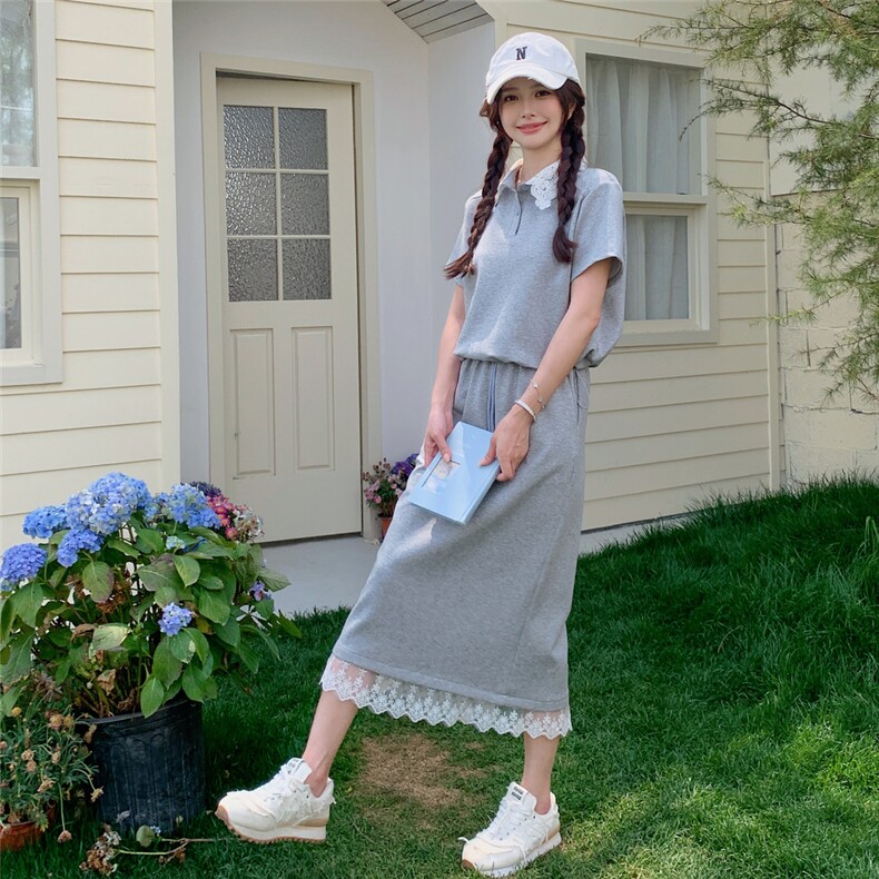 设计感蕾丝拼接T恤套装裙女2025夏季新款高级感休闲半身裙两件套,女装套装/套裙,2C135