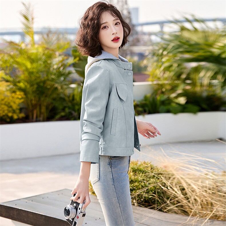 韩城.简约机车服立领亮色pu皮衣短外套皮夹克2025春季潮女拉链款s,女装皮衣,魅丽静蓝