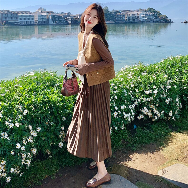 法式气质收腰百褶连衣裙套装女2025春秋季新款显瘦洋气马甲两件套,女装套装/套裙,2D078