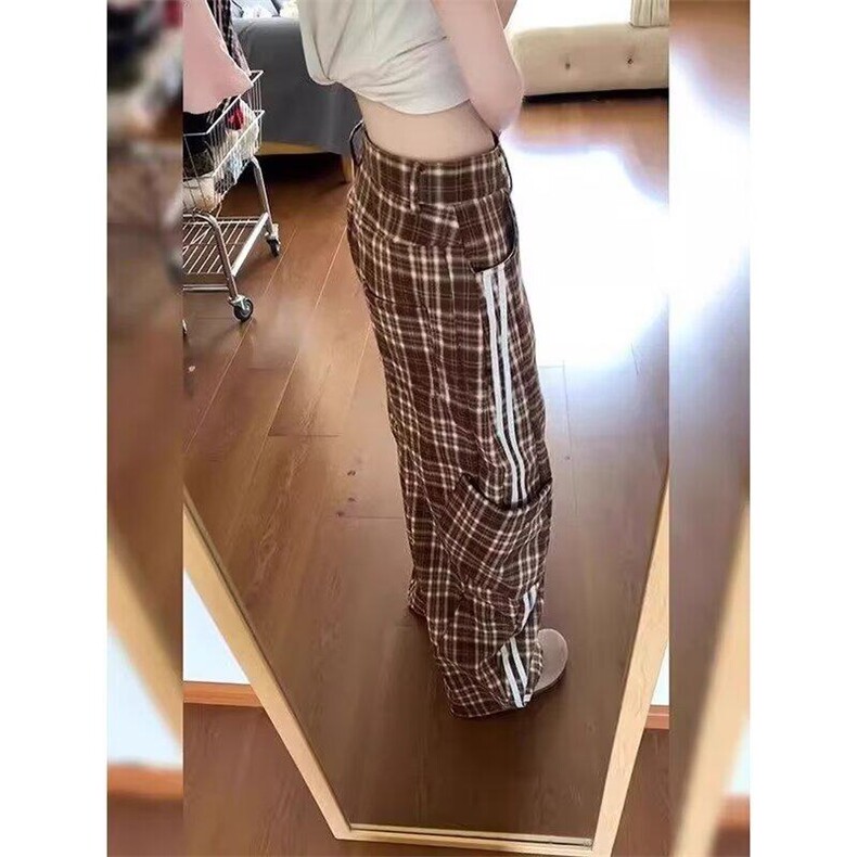 美式复古条纹格子工装裤子男女新款宽松慵懒拖地长裤网络图,男装休闲裤,星座410-7