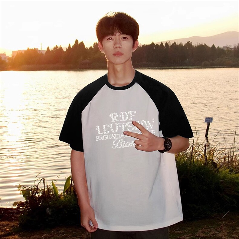 抖音得物高品质二开240克宽松纯棉美式潮牌插肩袖拼接短袖T恤，男装T恤，电商A486