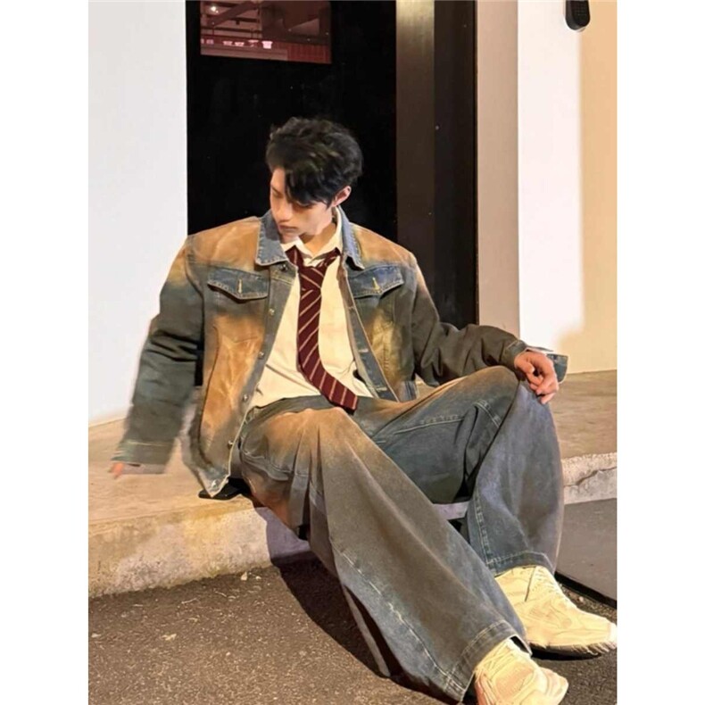 GW6609-P65韩系高街泥染做旧短款牛仔夹克春秋废土风时尚套装,男装夹克,电商B323A