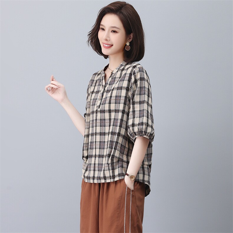 纯棉格子衬衫女2023夏季新款年轻妈妈休闲宽松收腰显瘦短袖上衣,女装T恤,忆绮罗