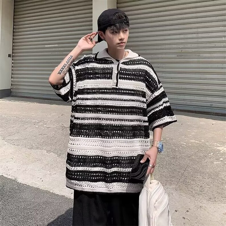 镂空拼接短袖毛衣男翻领夏季宽松Polo衫线衣针织衫MY300P38,男装针织衫/毛衣,星座410-2