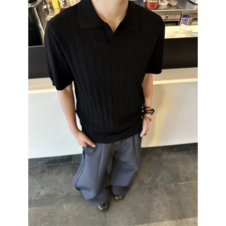 网图有货老钱风条纹针织短袖T恤男女编织坑条V领POLO衫A465-P40,男装T恤,星座1505