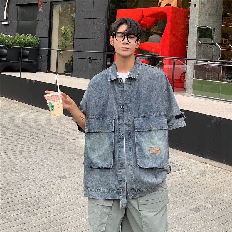 夏季新款衬衫潮流慵懒男方领牛仔衬衫P58,男装衬衫,星座1116-2