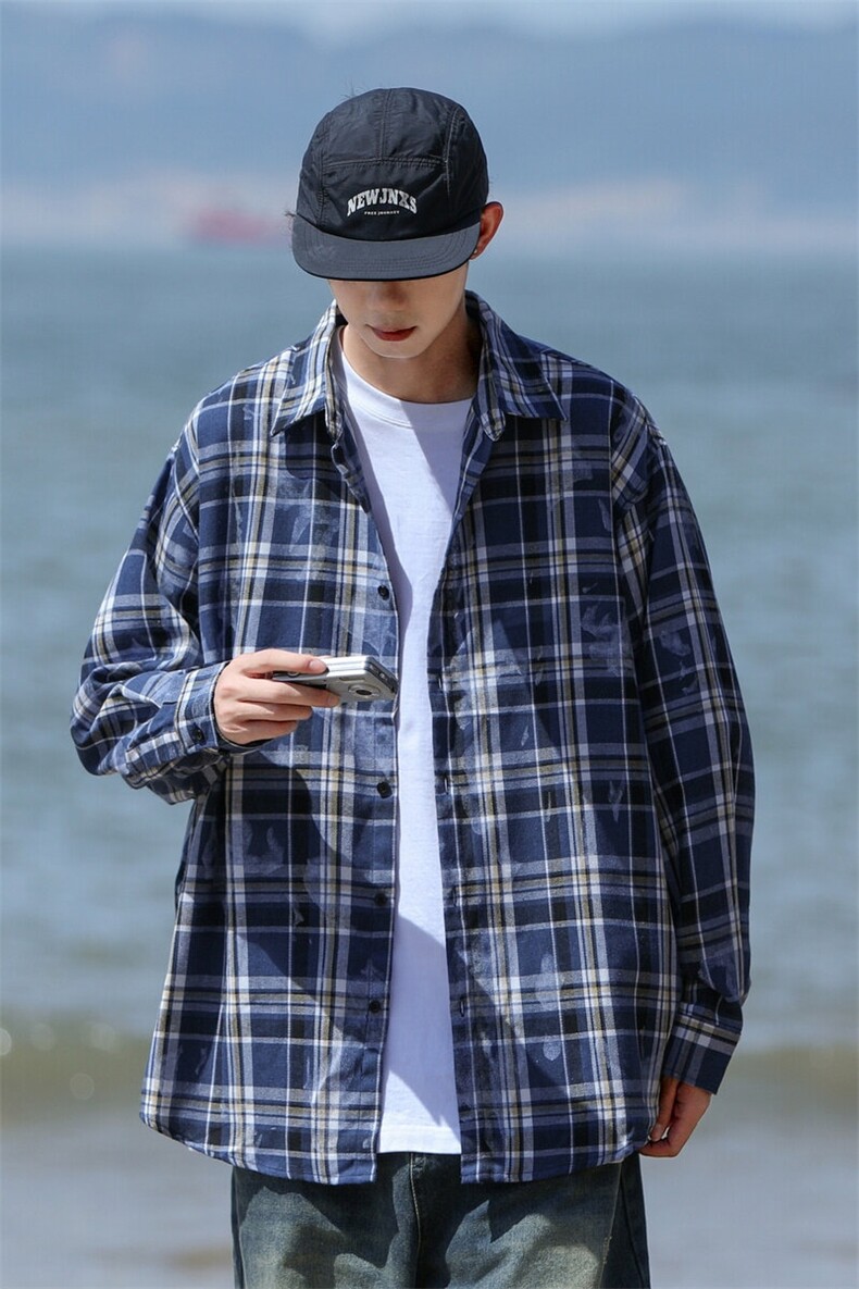 25年春季格子衬衫长袖大码宽松落肩现货DS-C323-1-2371-特批35,男装衬衫,电商C323-1